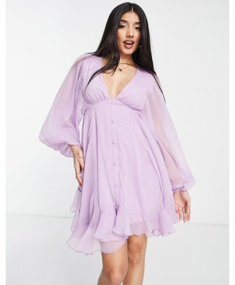 ASOS DESIGN button detail mini dress with blouson sleeve in lilac-Purple