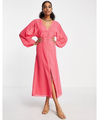 ASOS DESIGN button-through batwing sleeve midi dress in chevron dobby in bright pink