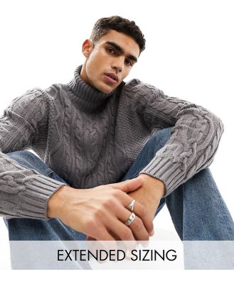 ASOS DESIGN cable knit roll neck jumper in charcoal-Grey