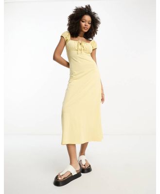 ASOS DESIGN cap sleeve ruched midi dress with tie detail in lemon-Yellow