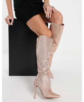 ASOS DESIGN Carly high heeled embellished pull on knee boots in rose gold