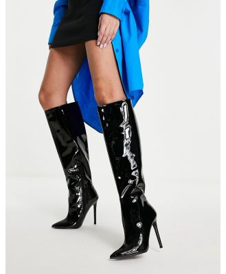 ASOS DESIGN Carly high heeled pull on knee boots in black patent