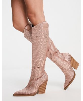 ASOS DESIGN Catapult heeled western knee boots in rose gold rhinestones