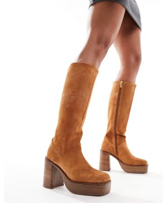 ASOS DESIGN Cece suede platform knee boots in tan-Brown