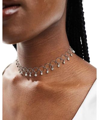 ASOS DESIGN choker necklace with ring and crystal drops in silver tone