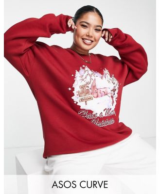 ASOS DESIGN Christmas oversized sweatshirt jumper with retro scenic print in burgundy-Red
