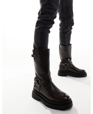 ASOS DESIGN chunky boots in brown with vintage effect silver buckles