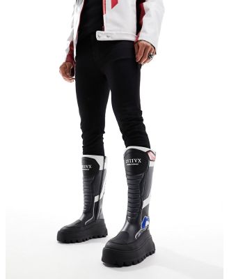ASOS DESIGN chunky knee high biker boots with motocross details in black