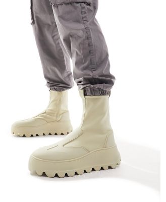 ASOS DESIGN chunky zip up sock boots in stone neoprene-Neutral