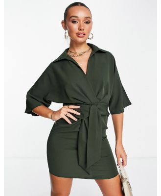 ASOS DESIGN collared wrap front batwing mini dress with knot in khaki-Green