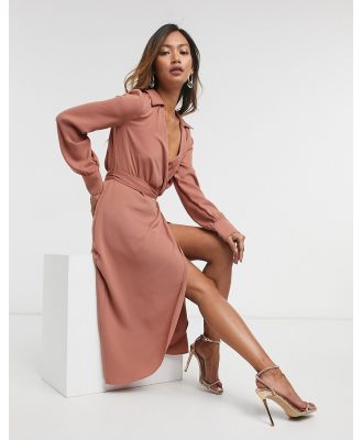 ASOS DESIGN collared wrap midi dress with tie belt in terracotta-Pink
