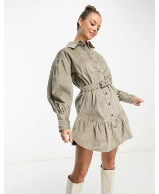 ASOS DESIGN cord mini shirt dress with buckle in khaki-Green