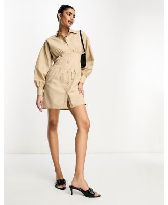 ASOS DESIGN corset detail mini shirt dress with balloon sleeves in camel-Brown