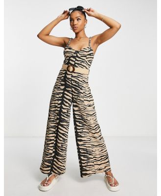 ASOS DESIGN corset wide leg jumpsuit with wicker belt in zebra print-Multi