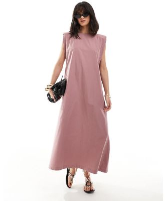 ASOS DESIGN cotton shapeless midi dress with shoulder pads in dusty raspberry-White