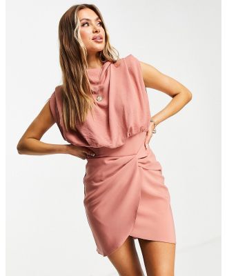 ASOS DESIGN cowl neck blouson mini dress with twist skirt in terracotta-Pink