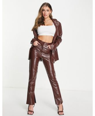 ASOS DESIGN croc leather look suit slim pants in brown