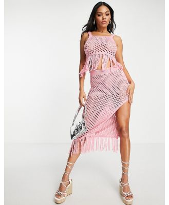 ASOS DESIGN crochet midi beach skirt with side split and fringe hem in pink (part of a set)