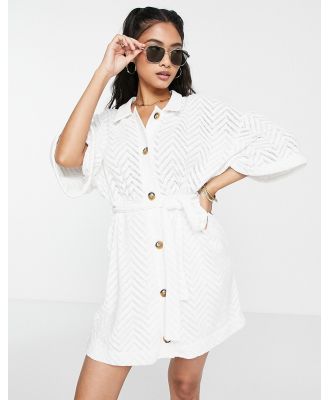 ASOS DESIGN crochet mini shirt dress with belt in ivory-White