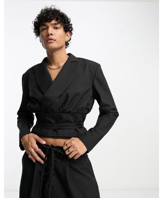 ASOS DESIGN cropped lace up suit jacket in black