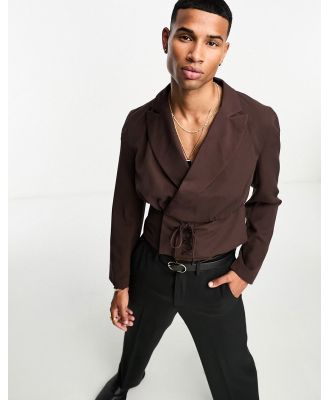 ASOS DESIGN cropped lace up suit jacket in brown