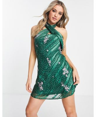 ASOS DESIGN cross neck bias cut mini dress with ditsy embroidery-Green