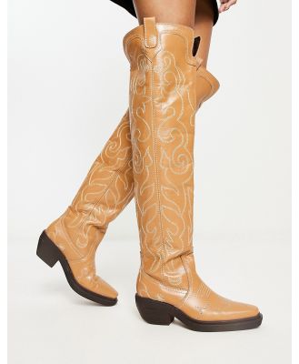 ASOS DESIGN Cuba premium leather swirl stitch western knee boots in camel-Brown