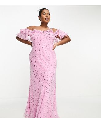 ASOS DESIGN Curve bardot milkmaid maxi dress in pink spot print-Multi