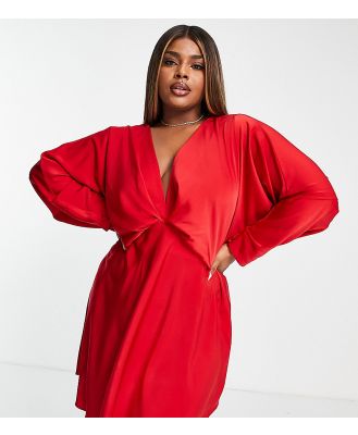 ASOS DESIGN Curve batwing satin mini dress with bias cut skirt and tie back in red