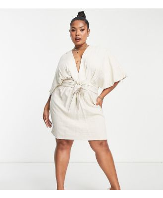 ASOS DESIGN Curve batwing tie front linen mini dress in natural-Neutral