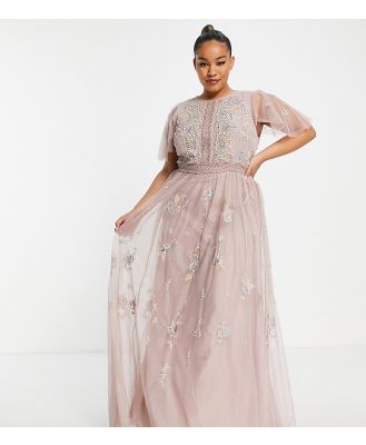 ASOS DESIGN Curve Bridesmaid pearl embellished flutter sleeve maxi dress with floral embroidery in rose-Pink