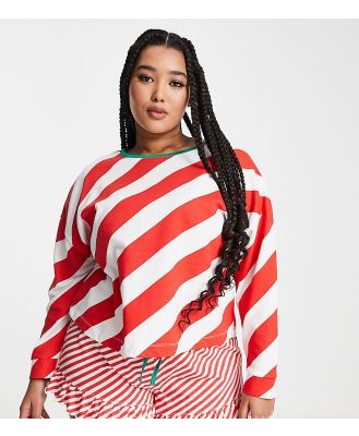 ASOS DESIGN Curve Christmas stripe slouchy sweat & shorts pyjama set in red & white-Multi