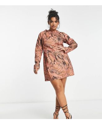 ASOS DESIGN Curve cotton puff sleeve mini dress with removable sleeves in tan swirl print-Multi