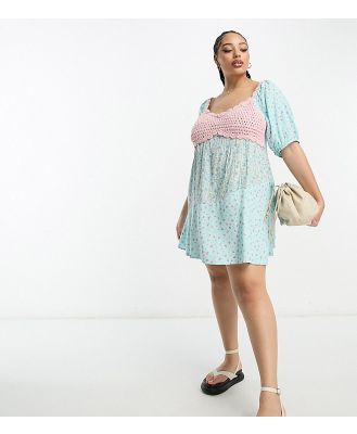 ASOS DESIGN Curve crochet bardot mini dress in floral ditsy mix print-Multi