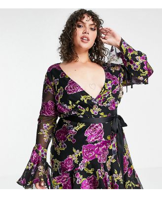 ASOS DESIGN Curve Exclusive wrap mini dress in satin floral burnout with tie detail-Multi