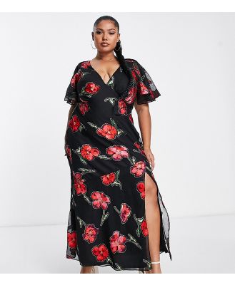 ASOS DESIGN Curve fluted sleeve maxi dress with cut out back in jacquard rose print-Multi