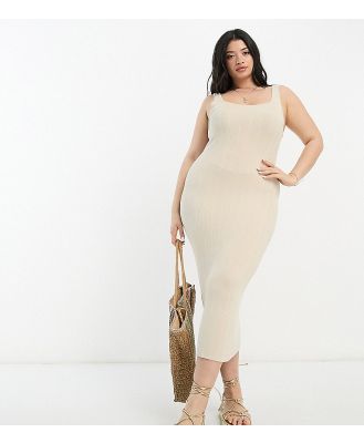 ASOS DESIGN Curve knitted square neck midi dress in stone-Neutral
