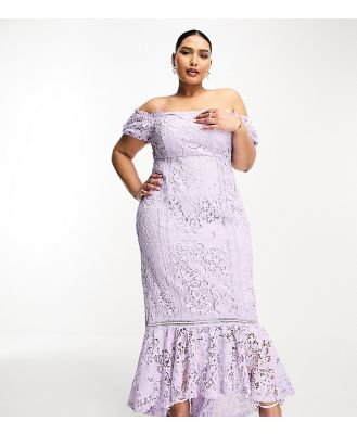 ASOS DESIGN Curve lace bardot cut out maxi dress with frill hem in lilac-Purple