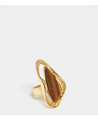 ASOS DESIGN Curve Limited Edition 14k gold plated ring with molten design and tiger's eye real semi precious stone