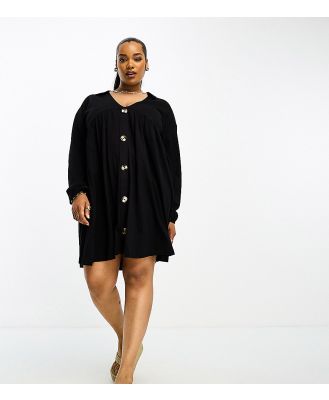 ASOS DESIGN Curve long sleeve mini smock dress with buttons in black