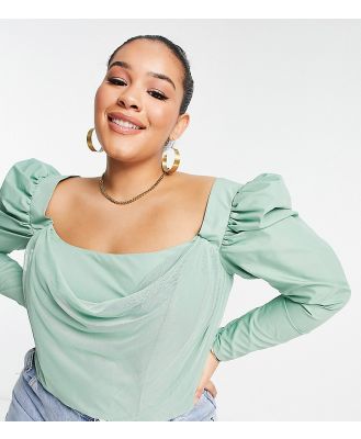 ASOS DESIGN Curve long sleeve puff shoulder top with corset bodice in sage-Green