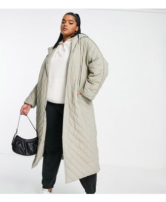 ASOS DESIGN Curve longline chevron quilted jacket with borg lining in stone-Neutral