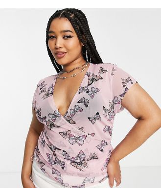 ASOS DESIGN Curve mesh wrap top in butterfly print in lilac-Purple