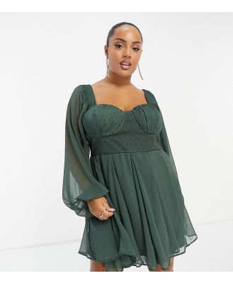 ASOS DESIGN Curve mini dress with corset lace detail and blouson sleeves in forest green