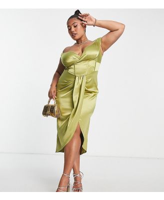 ASOS DESIGN Curve off shoulder corset satin midi dress in olive-Green