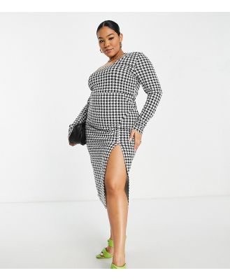 ASOS DESIGN Curve one shoulder long sleeve midi dress with split in mono dogtooth-Multi