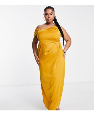 ASOS DESIGN Curve one shoulder satin maxi dress with pleat detail in gold