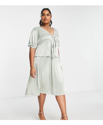 ASOS DESIGN Curve plunge tie front midi dress with thigh split in sage satin-Yellow