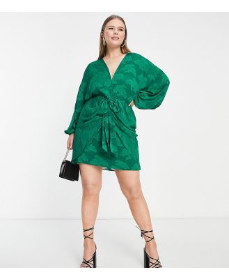 ASOS DESIGN Curve plunge tie front mini dress in floral jacquard in green