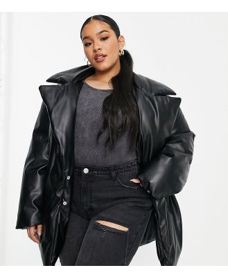 ASOS DESIGN Curve puffer faux leather coat with cinch belted detail-Black